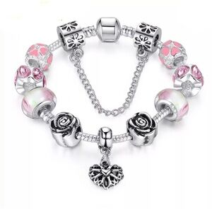 Pink-charms Silver Safety chain, heart dangle.